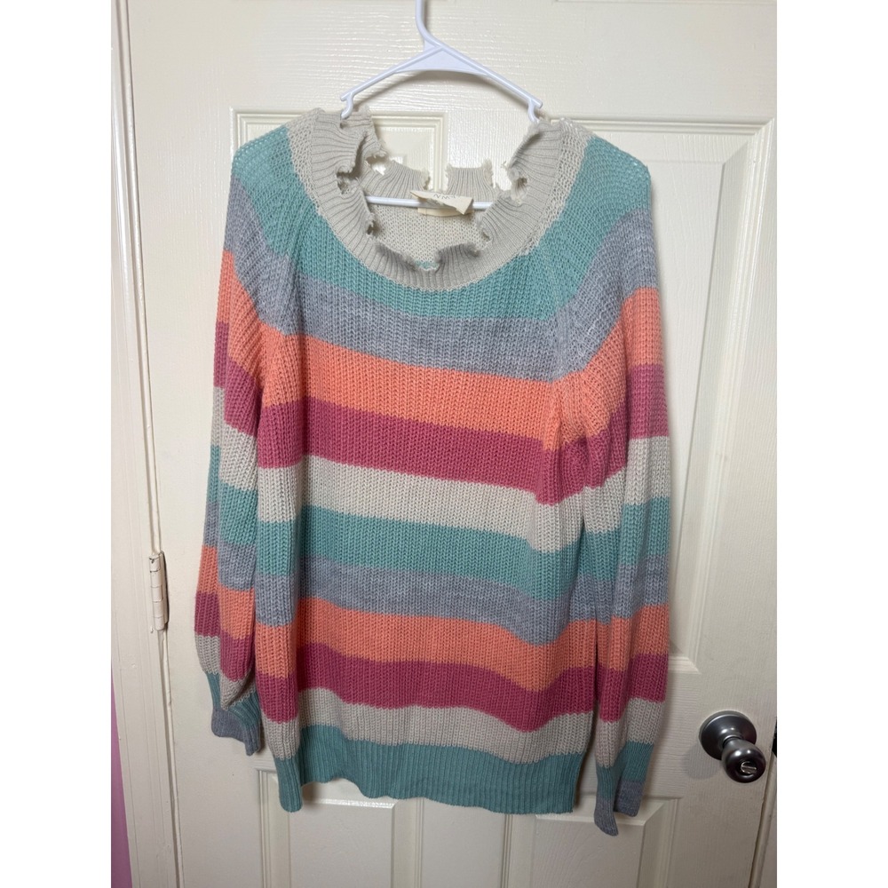 Fantastic Fawn Striped Distressed Neckline Knit Sweater Pastel Size Small